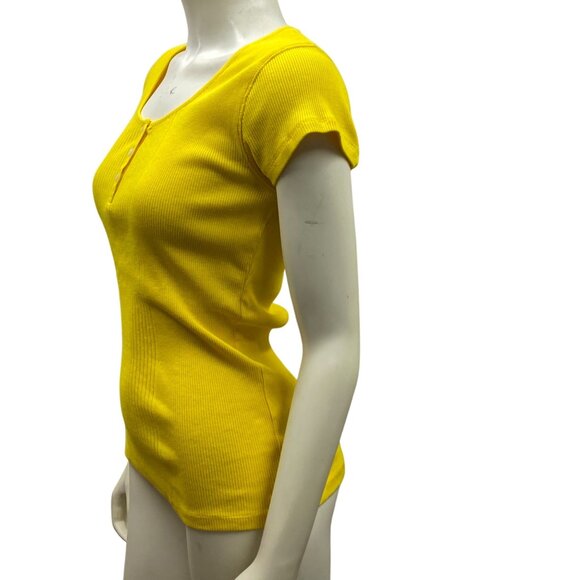 Lauren Ralph Lauren Womens Ribbed Yellow Henley Short Sleeve Top M - Picture 3 of 5